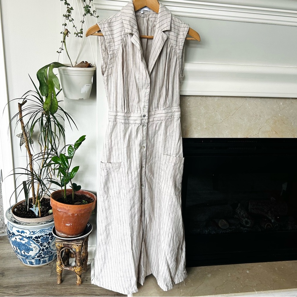 L’Academie Collared Striped Linen Midi Shirt Dress